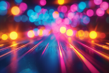 Obraz premium Abstract neon bokeh lights and strips at night, shiny blured background with bright color.