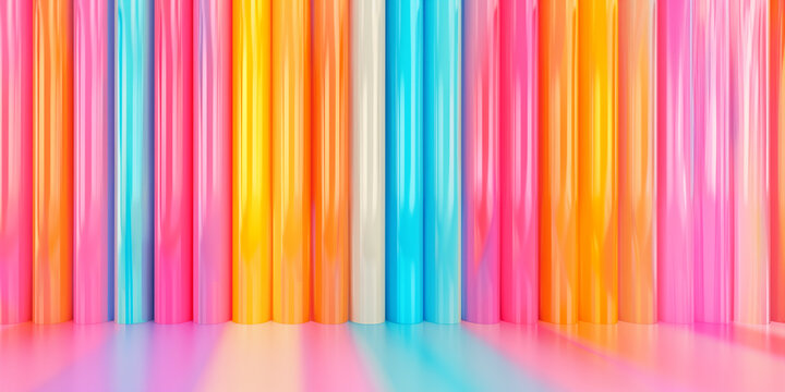 Colorful background with vertical lines of curtains in pink, orange and blue colors. Bright abstract color bunner decorated with plastic tubes.