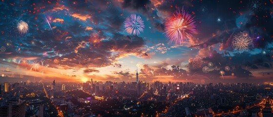 Fototapeta premium Sky filled with vibrant fireworks against a backdrop of scattered clouds over a city skyline, creating a festive and celebratory scene, Photography, long exposure,