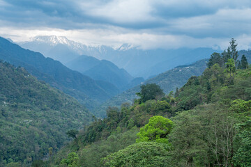 Mountain range with trees, mountains, clouds, and clear sky, Sikkim, India