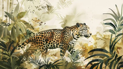 Naklejka premium Watercolor Illustration of a Leopard in a Jungle Landscape. Gentle Hues and a Minimalist Background Capture Its Majestic Presence.
