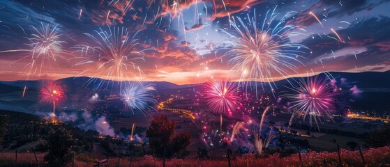Sky filled with vibrant fireworks against a backdrop of scattered clouds over a city skyline, creating a festive and celebratory scene, Photography, long exposure,