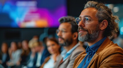 A focused man with glasses and a brown jacket attentively listens to a presentation during a conference. He is surrounded by fellow attendees all paying close attention.
