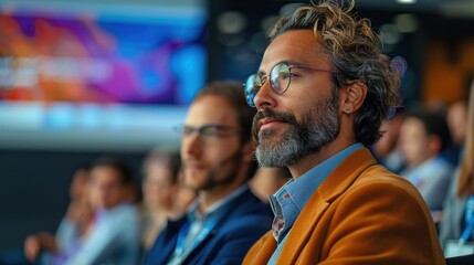 Individuals seated and attentively watching a presentation in a modern conference setting, possibly gaining insights and knowledge from the ongoing discussion or lecture.