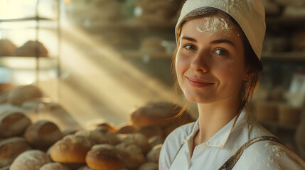 A young, beautiful woman is a baker. She is engaged in her favorite work. She takes great pleasure in her job. From her hands come very beautiful and delicious golden-brown bread.