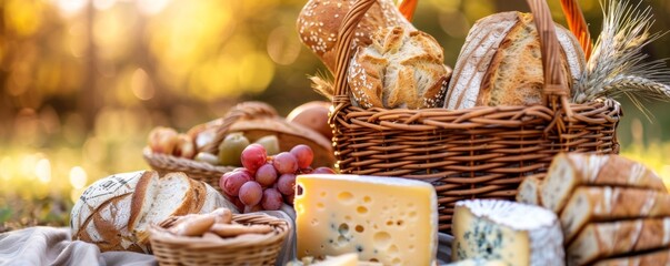 Picnic basket with fresh bread and cheese