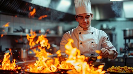 A professional chef in uniform cooks in a busy kitchen with dramatic flames rising from the stove, highlighting culinary skills and the dynamic environment of food preparation.