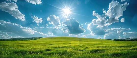 Sky with fluffy white clouds and a bright sun over a rolling green meadow, perfect for a cheerful and uplifting countryside scene, Photography, taken with a wide-angle lens,