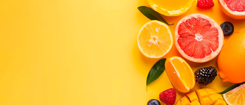 Assorted fresh fruits on a vibrant yellow background with copy space. Great for summer promotions, grocery stores, health campaigns, and advertisements. Perfect for social media and website use.