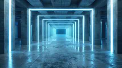 A long empty room with blue lights on the ceiling