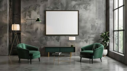 A living room with two green chairs and a white framed picture