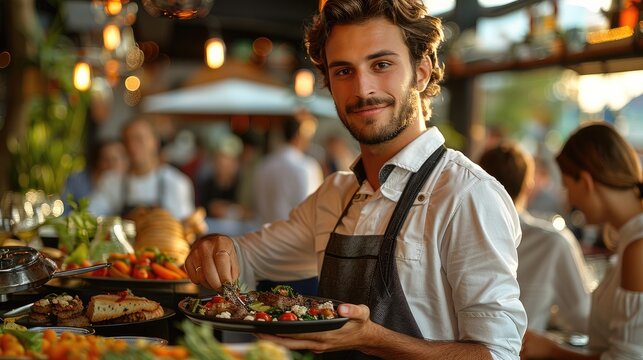 Waiter serving food to customers during party in restaurant. Generative AI.