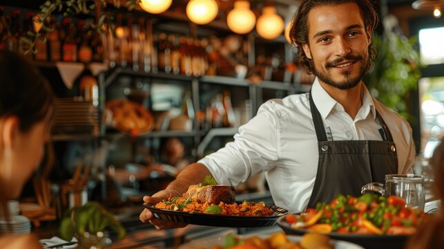 Waiter serving food to customers during party in restaurant. Generative AI. - Powered by Adobe
