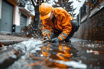 Worker in safety gear clears drain