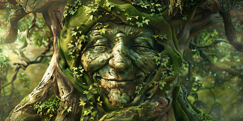 Obraz premium tree trunk with green man face. AI generated.