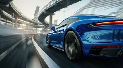Fototapeta premium A blue sports car driving on a winding city road.
