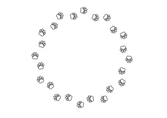 Circular frame with contoured pet paw print. Black silhouette pathway of dog or cat footprints arranged in a circle. Frame with pet footprints for design of shop windows, websites, etc. Vector