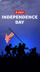 Happy 4th of July independence day USA. Soldiers lifting flag silhouette and USA cityscape on a navy blue background. Vector illustration.