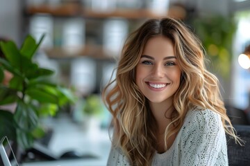 Obraz premium Happy woman at desk with laptop