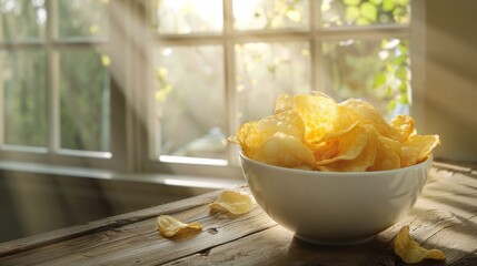 Bowl of potato chips with sunlight streaming through window