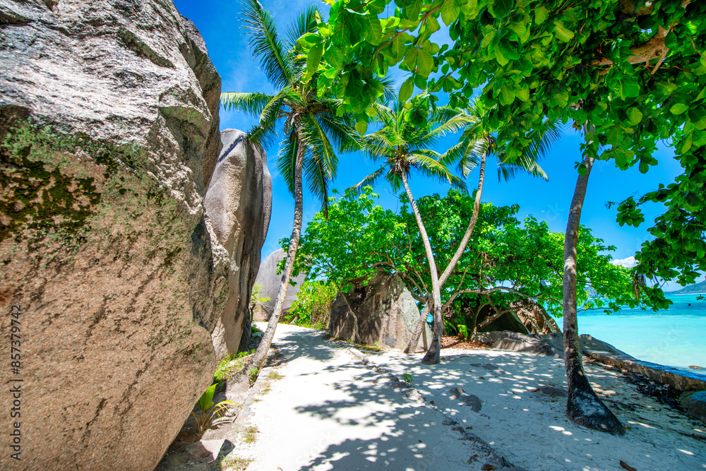 Sticker amazing landscape of la digue island in the seychelles archipelago