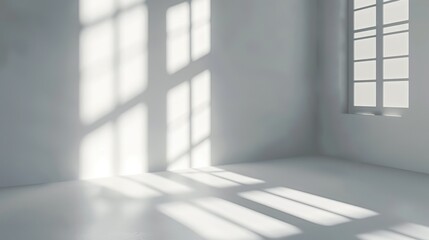 A white room with a window, sunlight beams across the floor and walls, creating a simple, bright atmosphere.