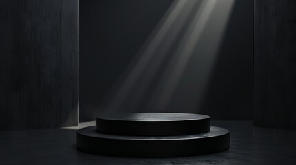Tiered black pedestal podium in a dark setting with dramatic lighting. Ideal for product displays, exhibitions, and presentations, showcasing elegance and sophistication