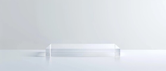 Transparent acrylic pedestal podium in a minimalist, white setting. Ideal for showcasing products, exhibitions, and presentations, emphasizing modernity and simplicity