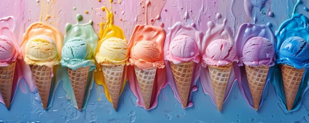 Colorful ice cream cones melting in the summer heat