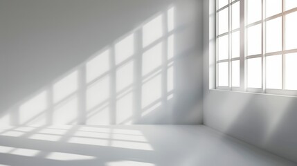 A bright, white room with a large window letting in sunlight, casting shadows on the wall and floor.