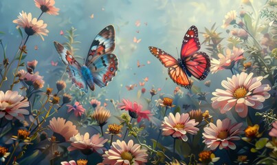Blossoming garden with butterflies