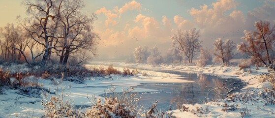 Fototapeta premium Snowy landscape with a frozen river and leafless trees