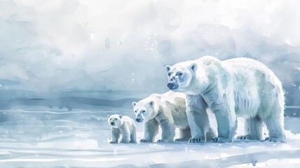 An artistic depiction of three polar bears walking across a snowy landscape