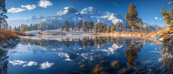 Snowy mountain peaks reflecting in a clear lake