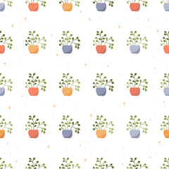 Seamless pattern with potted plants on dot and stars background. Design for wrapping paper,  fabric and textile. Vector illustration cozy home. Simple neutral modern print.