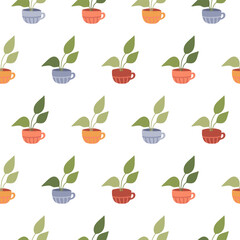 Seamless pattern with potted plants on white background. Design for wrapping paper,  fabric and textile. Vector illustration cozy home. Simple neutral modern print.