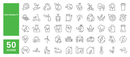 Set of 50 line icons related to sustainability, ecology, environment, renewable energy, recycle, Editable stroke. Vector illustration