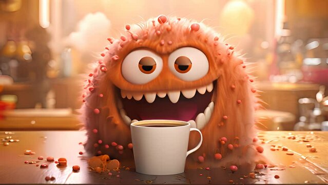 Coffee monster with crazy eyes. Cute character with caffeine energy, very excited