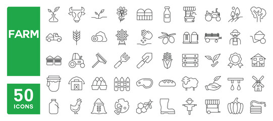 Set of 50 line icons related to farm, agriculture, organic food, greenhouse, harvest, Editable stroke. Vector illustration