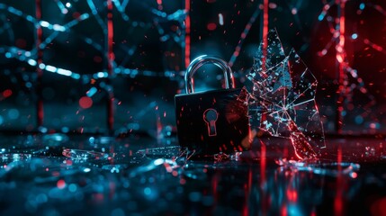 Padlock and shattered glass in a cyber-themed setting, digital security and hacking concept