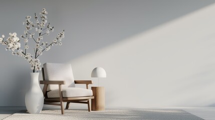 Fototapeta premium Minimalist loft living room, white interior, large chair, wooden table with floral arrangement, lamp, carpet, concrete wall ready for mock up and copy space, Unreal Engine, 8k