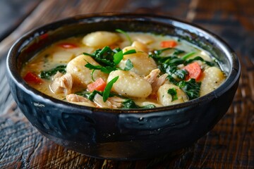 Close up of Italian creamy chicken soup with gnocchi spinach and vegetables in black bowl on wooden table
