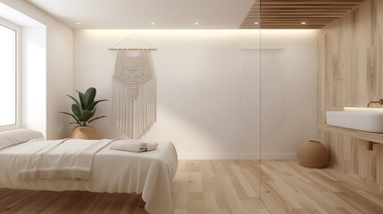 Modern Chinese physiotherapy room with a glass bathroom, wooden floor, bed on the left, and macrame-style wall hangings, minimalistic design with soft natural lighting