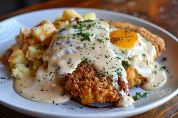 Chicken fried steak with cheesy potatoes eggs and gravy