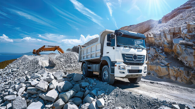 A white dump truck unloading rocks on top of pile, blue sky background. Generative AI.