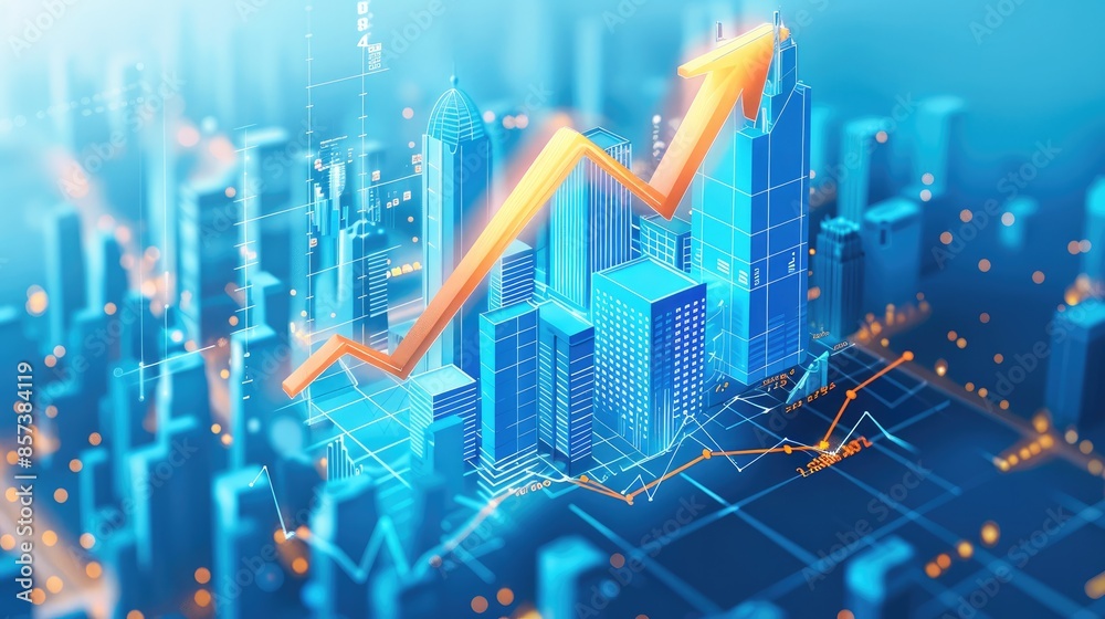Poster blue flat illustration of an upward arrow with financial charts and skyscrapers in the background, i