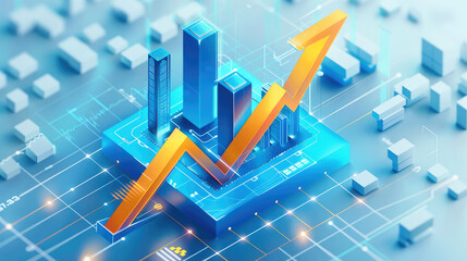 Blue flat illustration of an upward arrow with financial charts and skyscrapers in the background, isometric view, blue gradient color scheme using light blue and yellow colors. Generative AI.