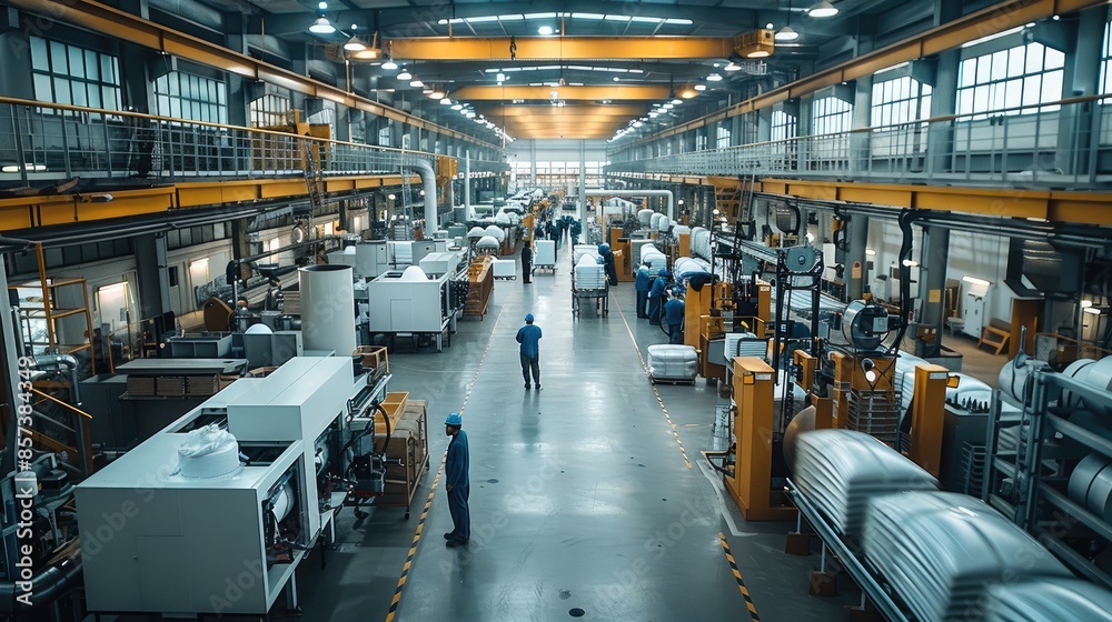 Aufkleber A factory interior with machines and workers engaged in each stage of the production line. Generative AI.