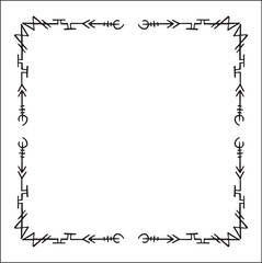 Elegant black and white ornamental frame with Viking runes, decorative border, corners for greeting cards, banners, business cards, invitations, menus. Isolated vector illustration.	