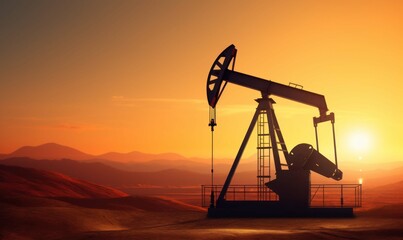 oil rig extracts pumps crude oil in desert background